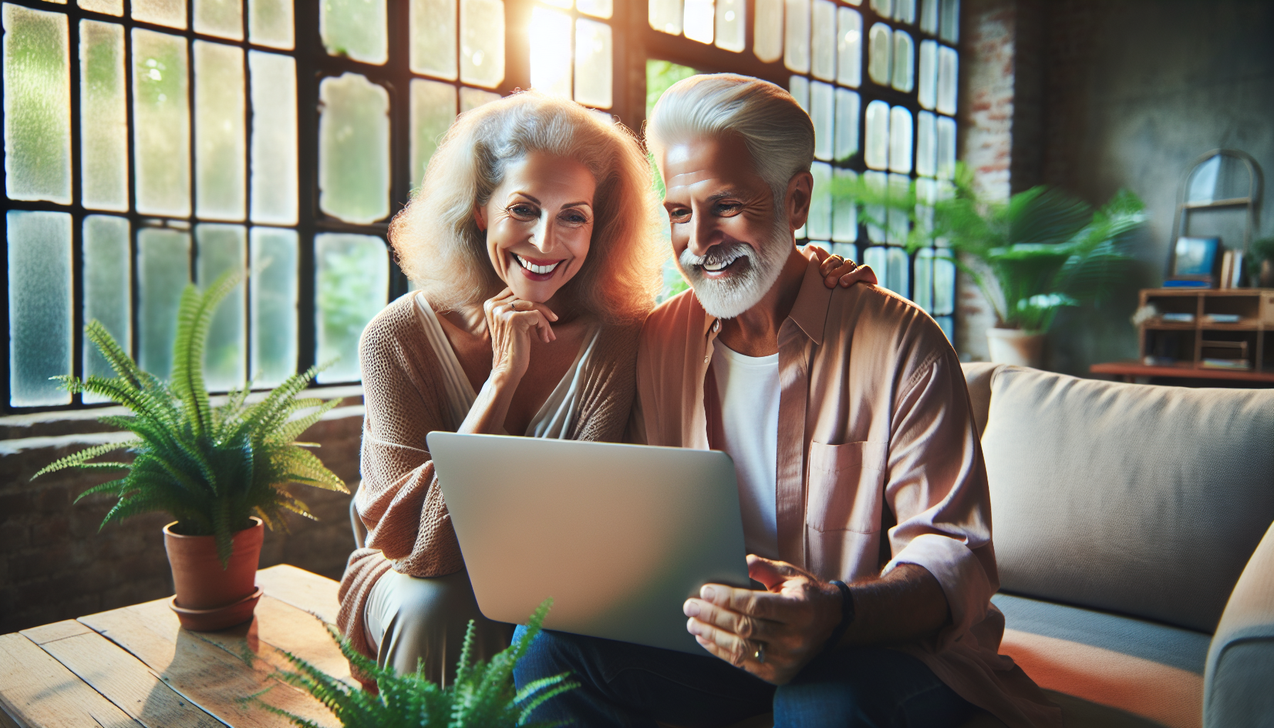 Happy couple planning vacation together on laptop
