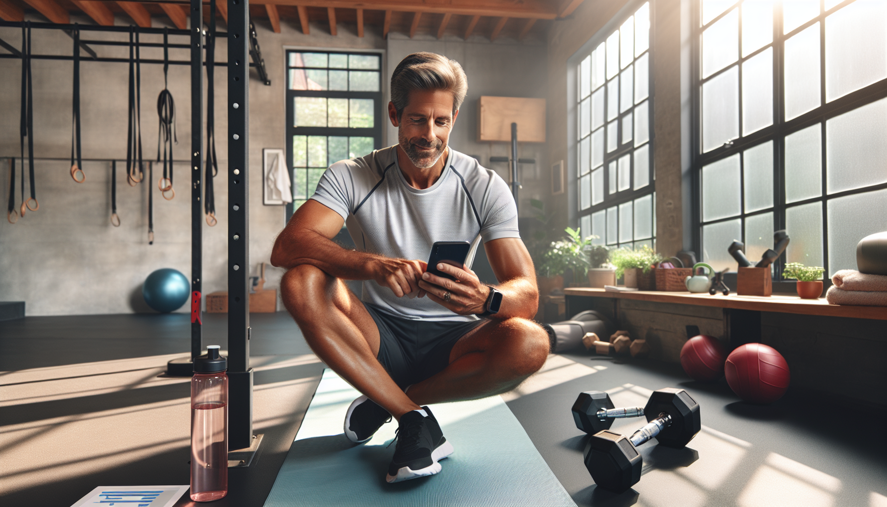 Active senior reviewing fitness data after workout