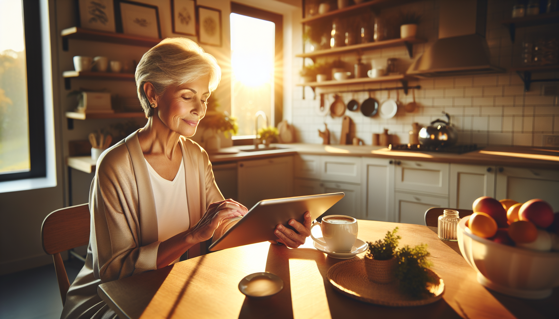 Healthy senior enjoying organized morning routine with tablet and coffee